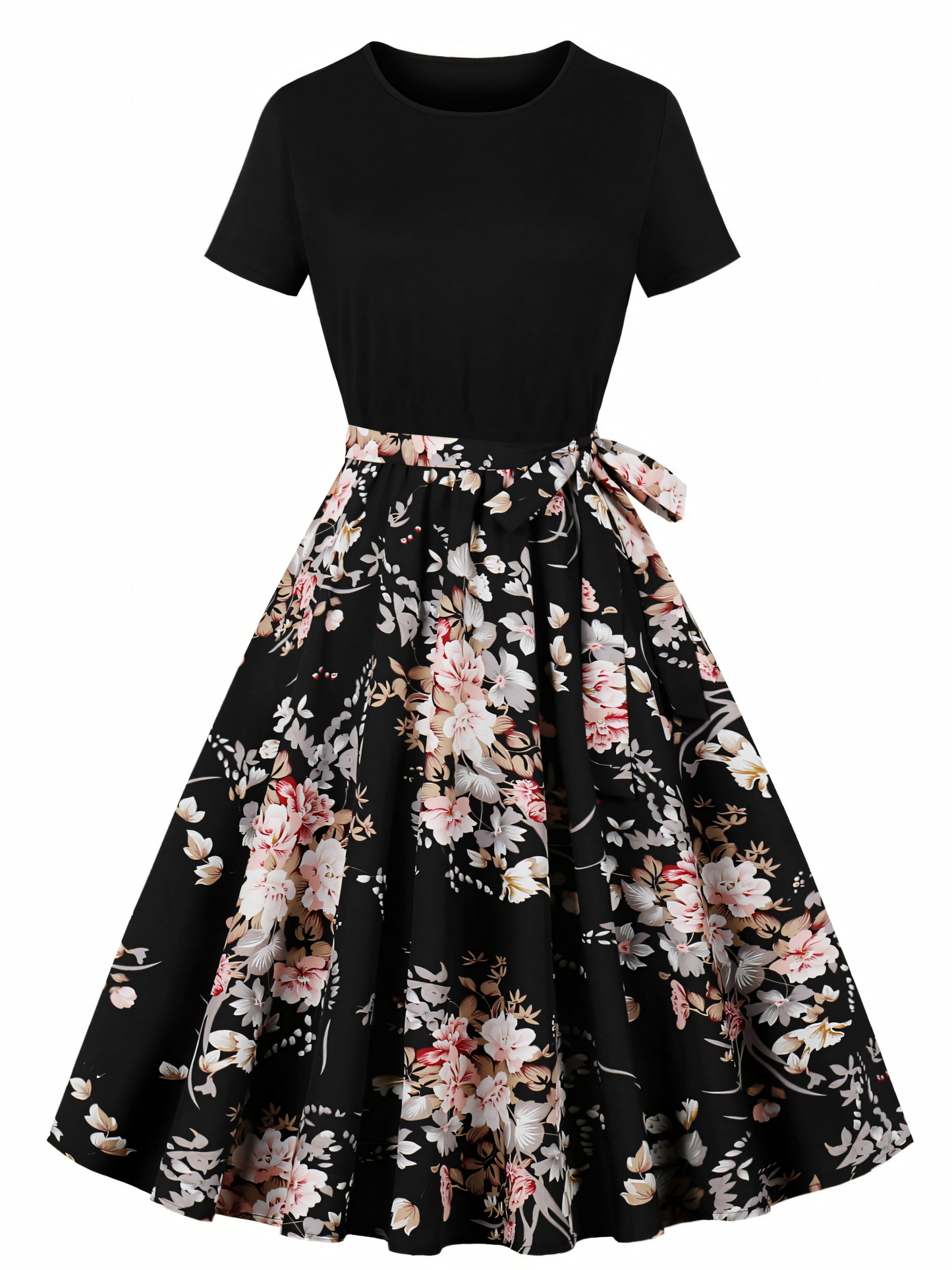 Black Pink Floral Vintage Midi Dress