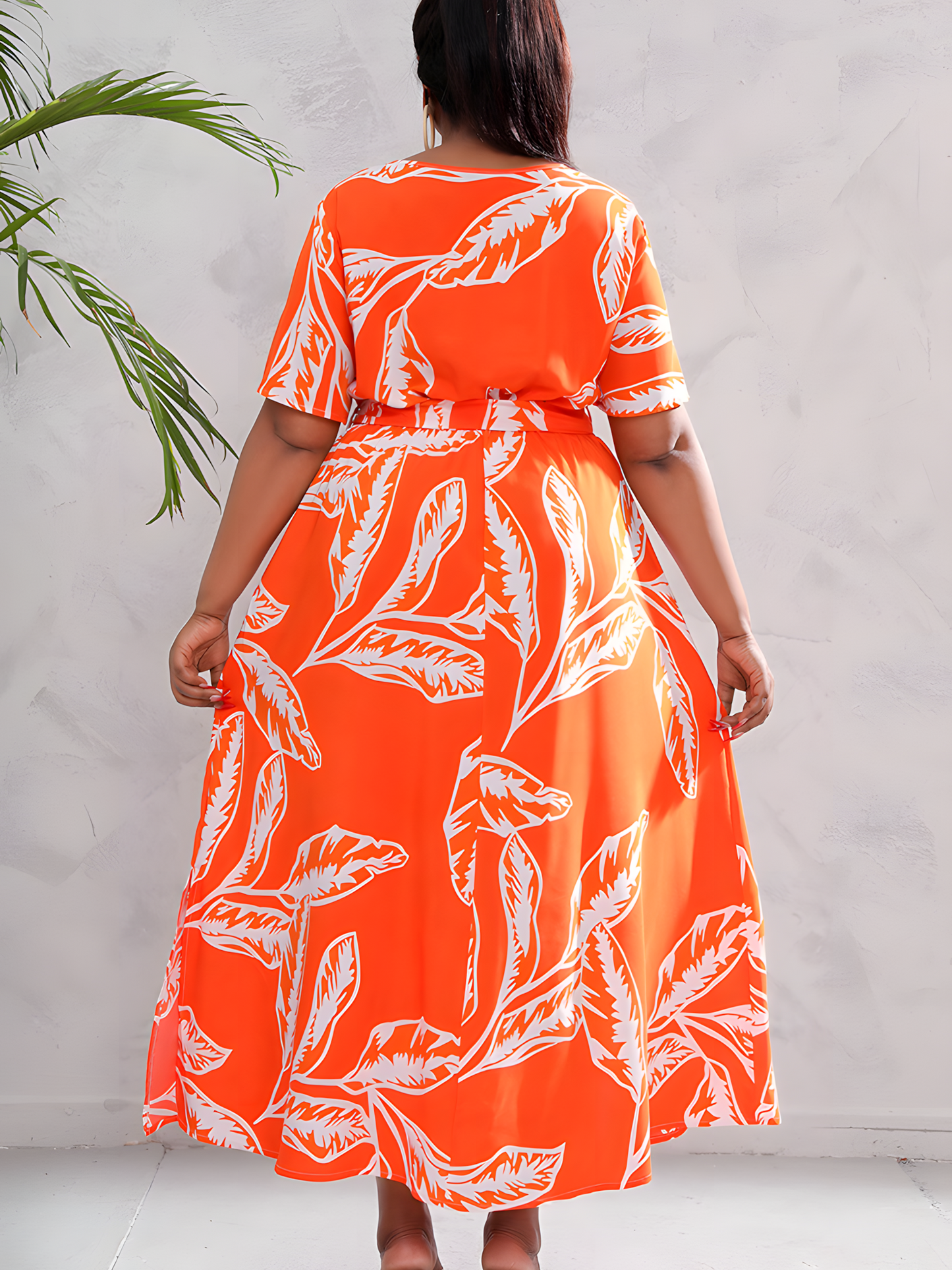 Orange V-neck Print Elasticated Waist Maxi Dress