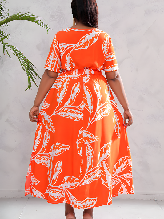 Orange V-neck Print Elasticated Waist Maxi Dress