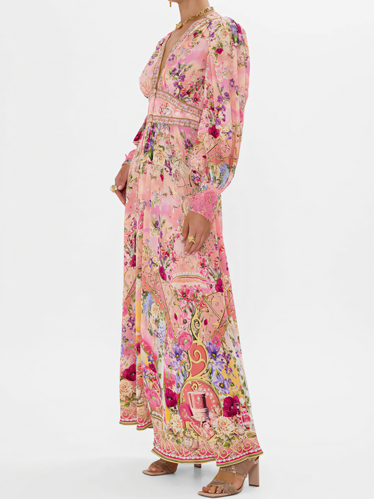 Pink Floral Long Bubble Sleeve Maxi Dress
