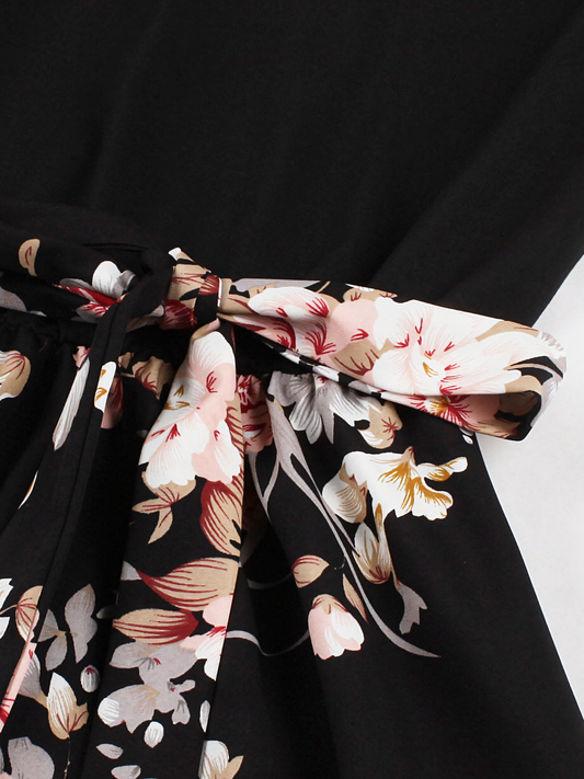 Black Pink Floral Vintage Midi Dress