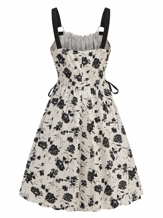 Black Floral Print Slip Midi Dress