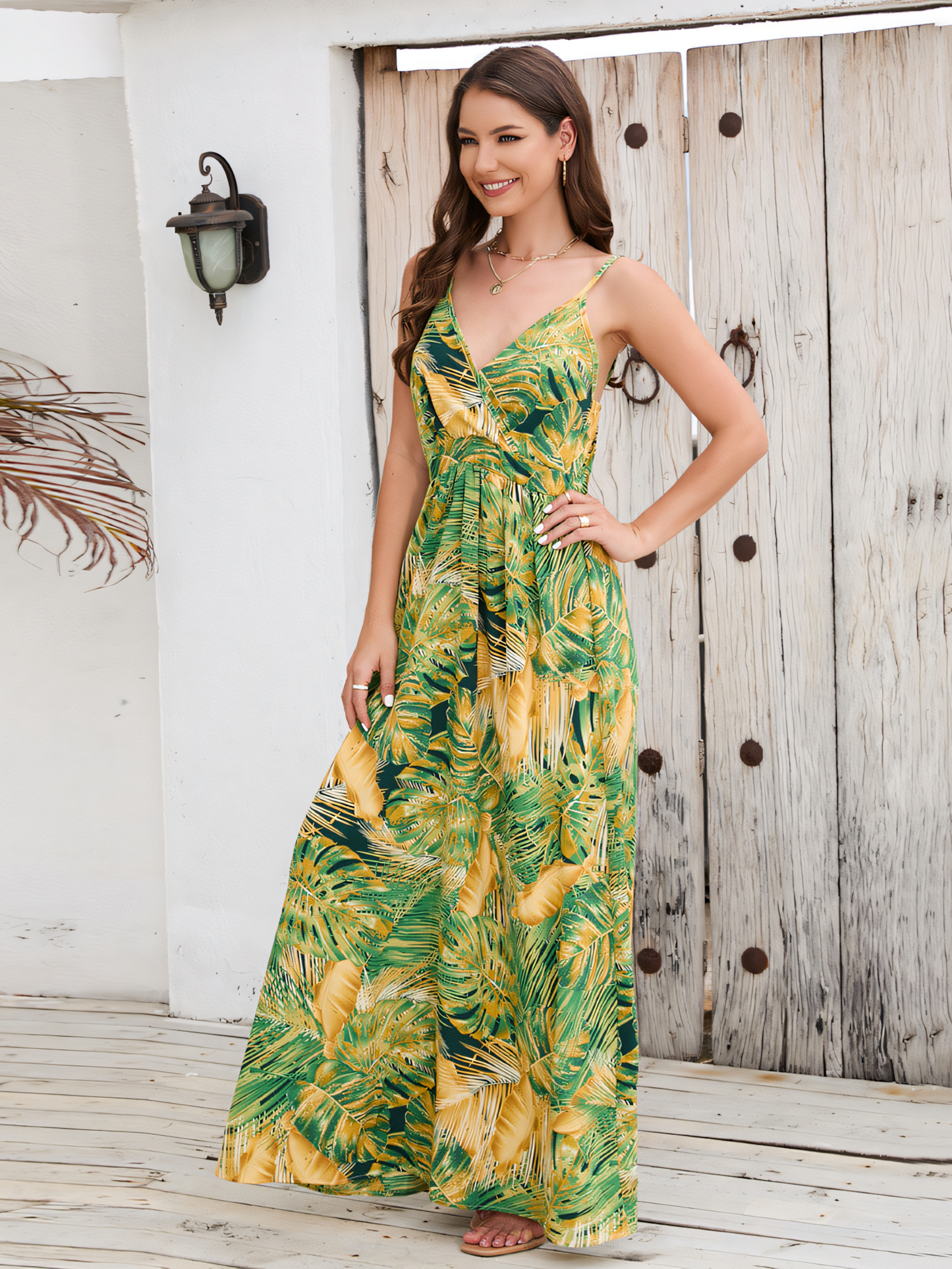 Green Printed Bohemia V-Neck Halter Maxi Dress