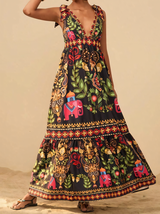 Black Floral Printed Beach Maxi Dress