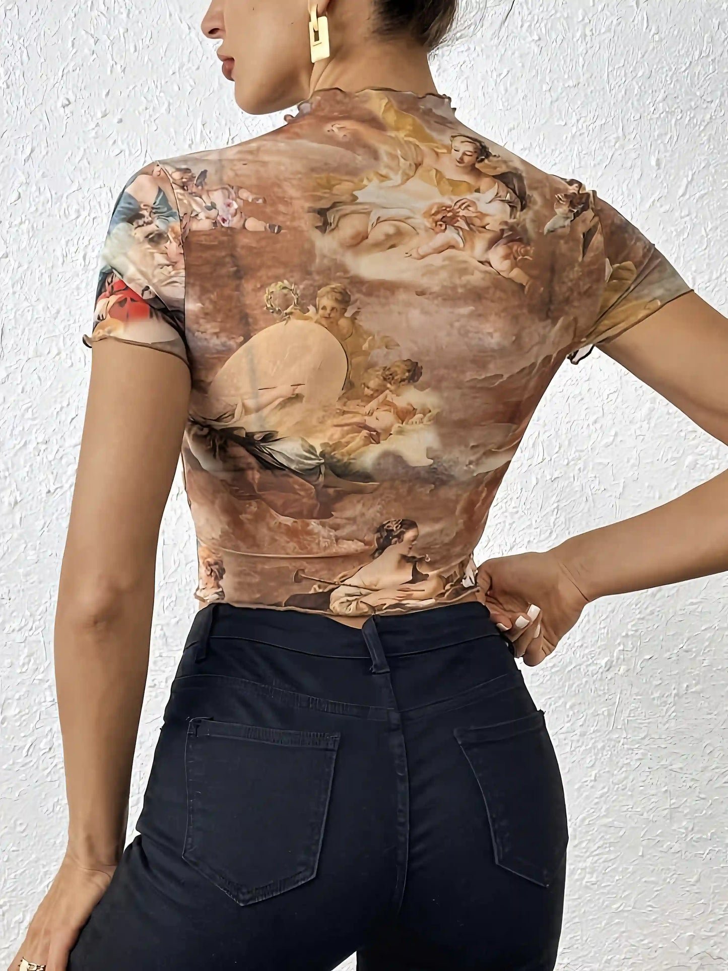 Brown Elegant Mesh Printed Rolled T-Shirt