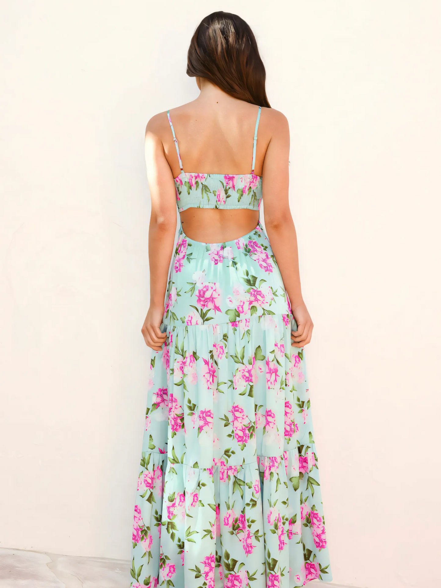 Green Floral Backless Halter Seaside Vacation Maxi Dress