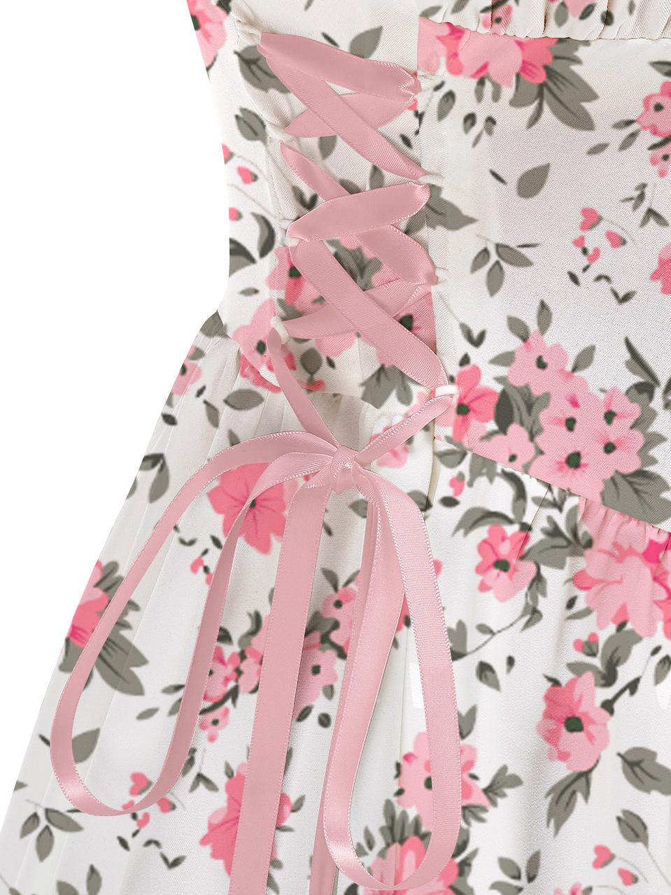 Pink Floral Printed Pink Drawstrings Elegant Midi Dress