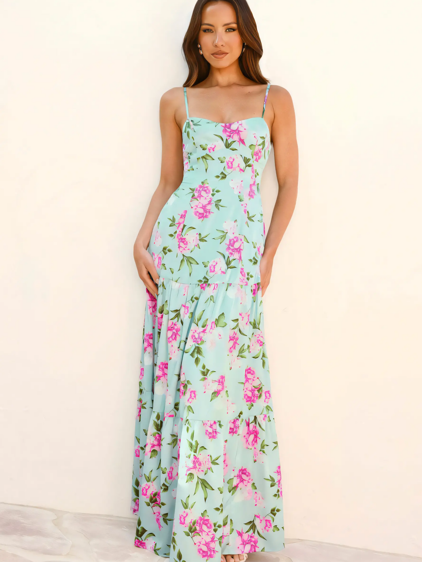 Green Floral Backless Halter Seaside Vacation Maxi Dress