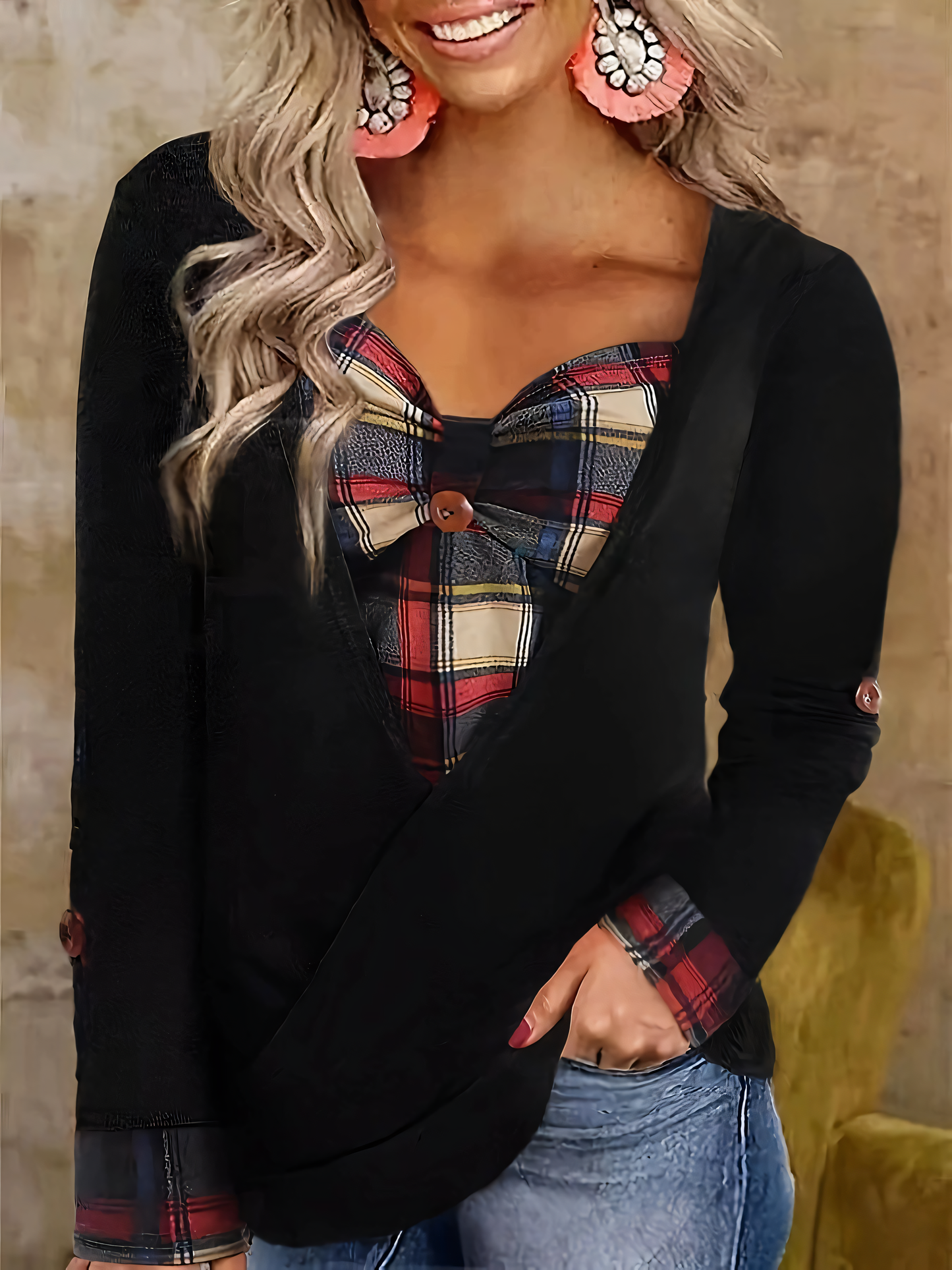 Plaid Patchwork Long Sleeve Shirt