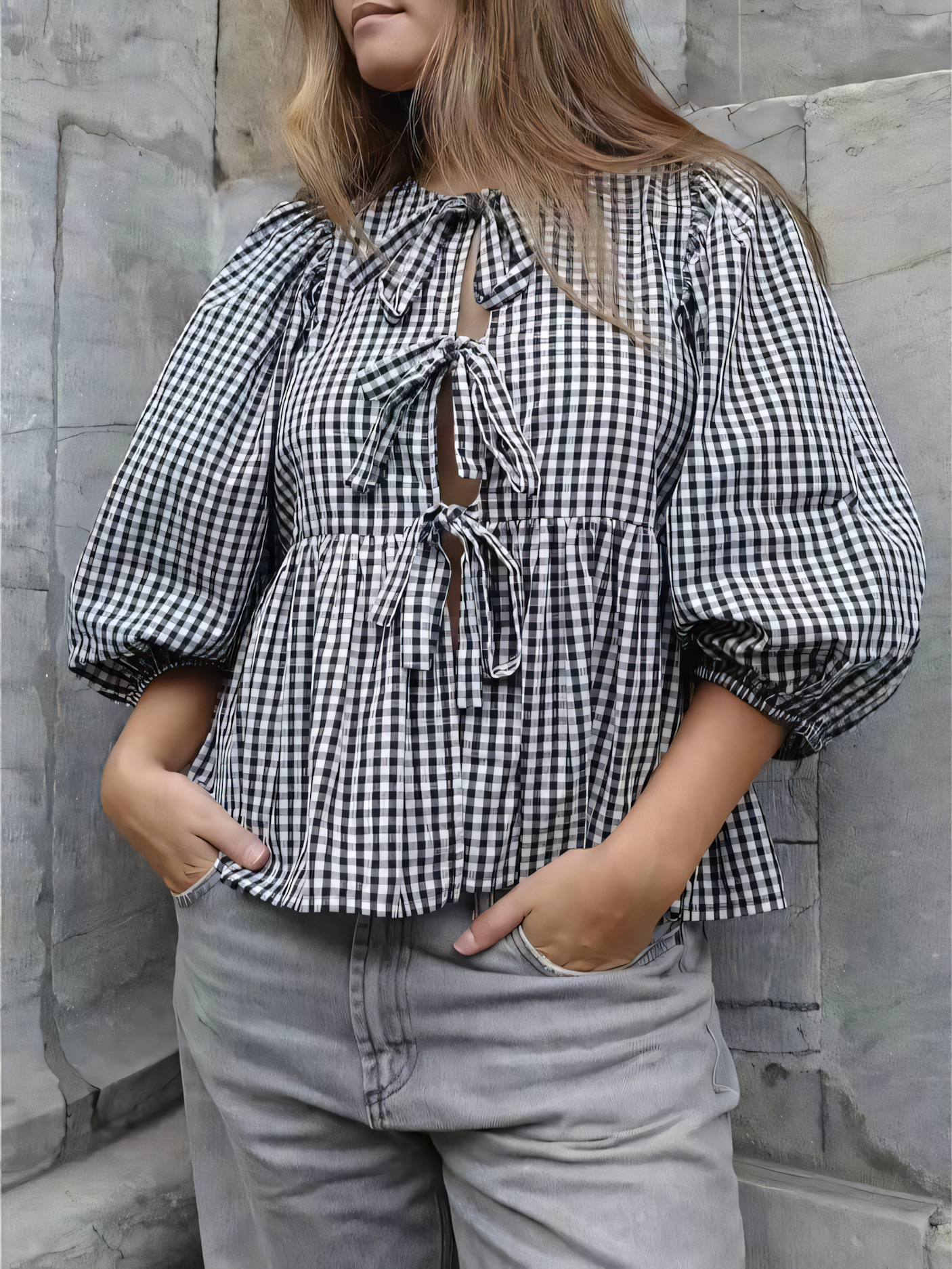 Sweet Casual Lace-Up Plaid Shirt