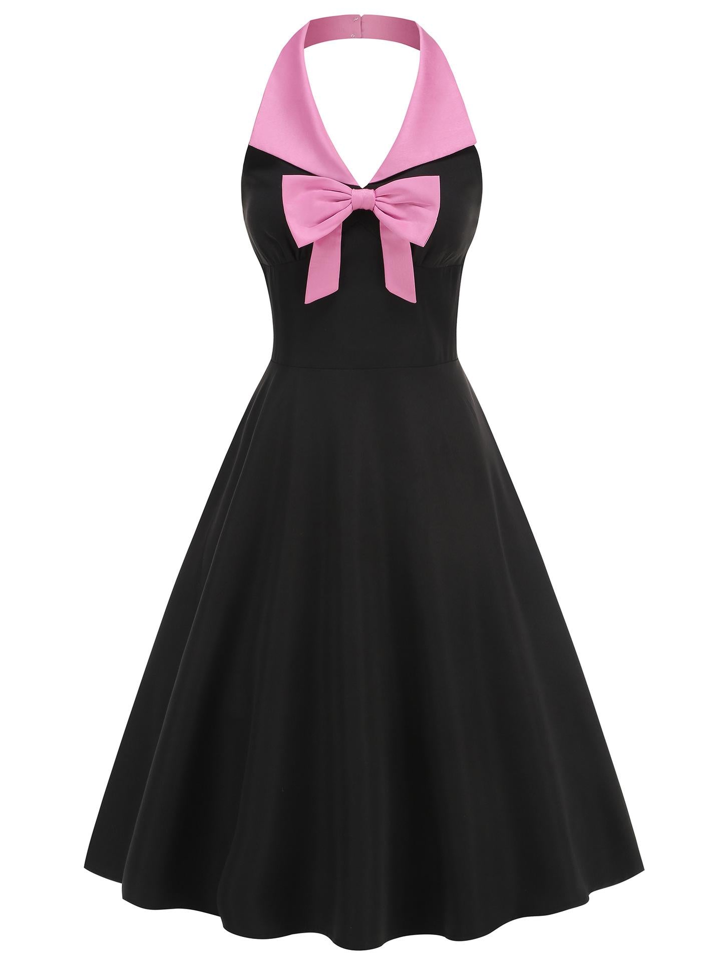 Black Halterneck V-neck Pink Bow Midi Dress