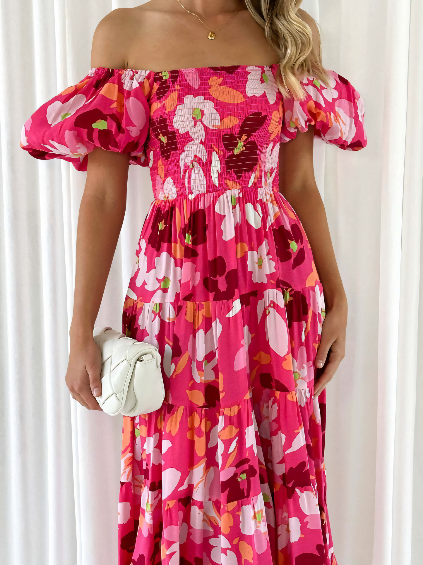 Rose Floral Printed Puffy Bubble Sleeve Midi Dress