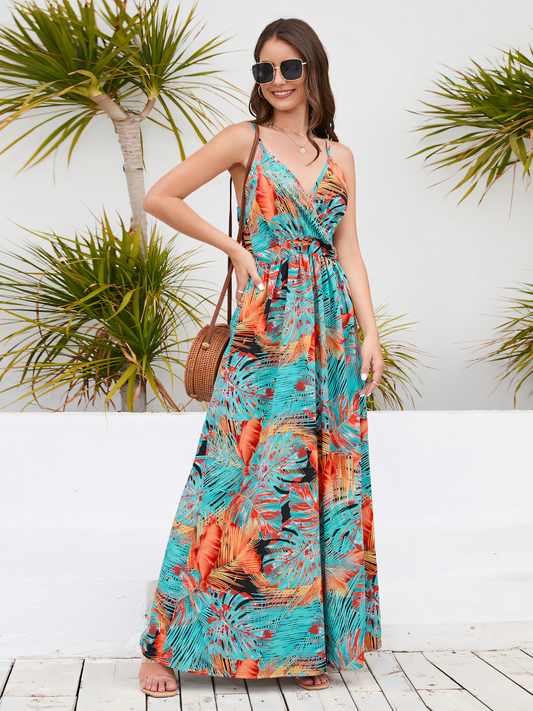 Orange Printed Bohemia V-Neck Halter Maxi Dress