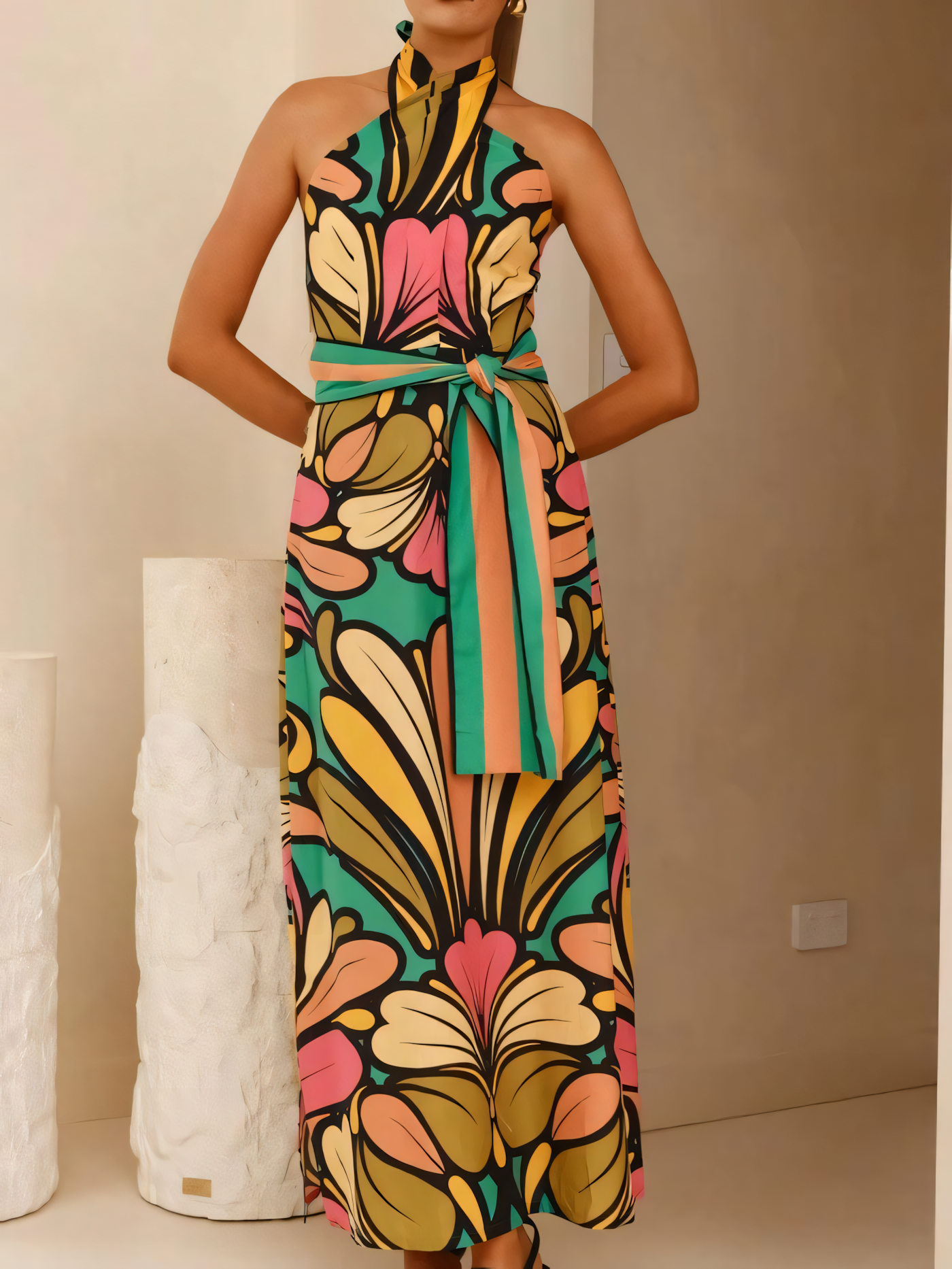 Printed Hanging Neck Tie Backless Maxi Dress