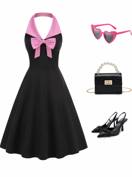 Black Halterneck V-neck Pink Bow Midi Dress