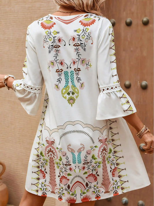 Bohemian Flared Sleeve Printed Midi Dress