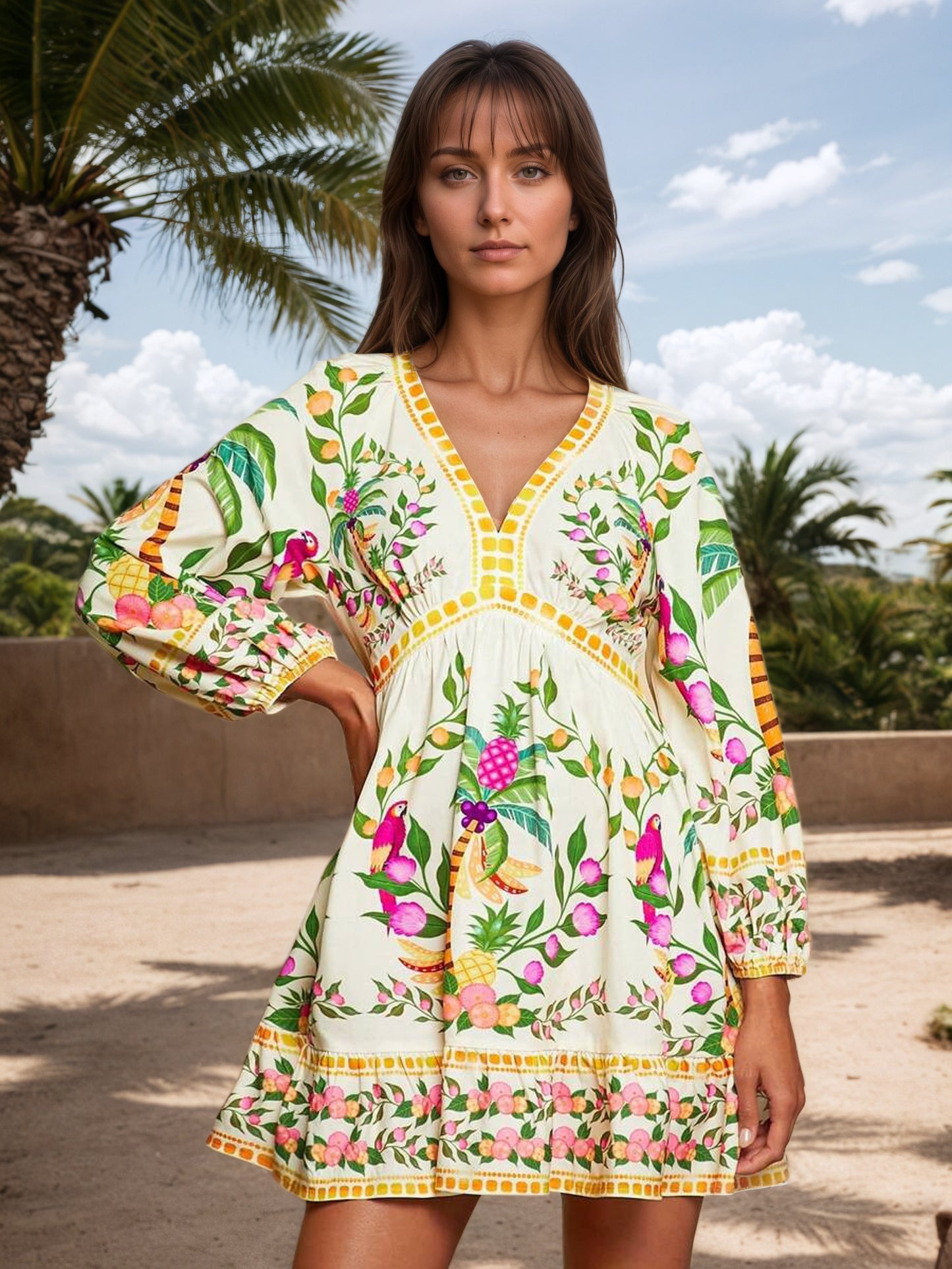 White V-Neck Bohemia Mini Dress