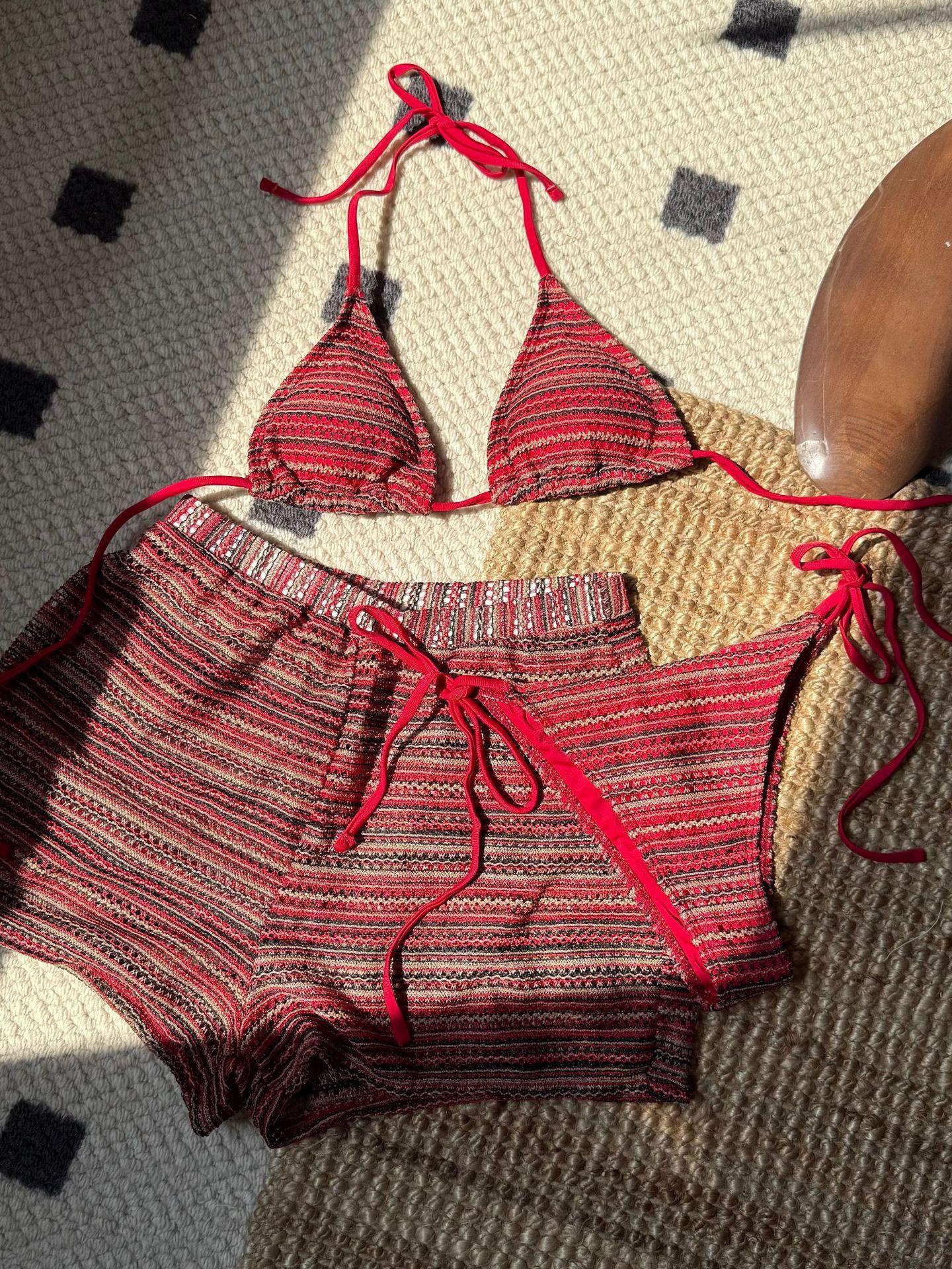 Knitted Contrasting Beach Shorts Bikini Trio Set