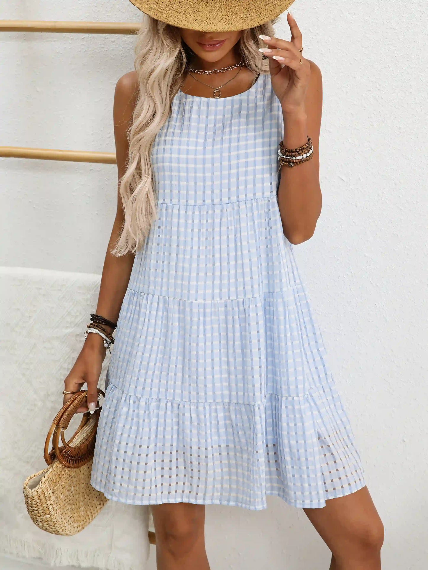 Blue Plaid Casual Elegant Sleeveless Midi Dress