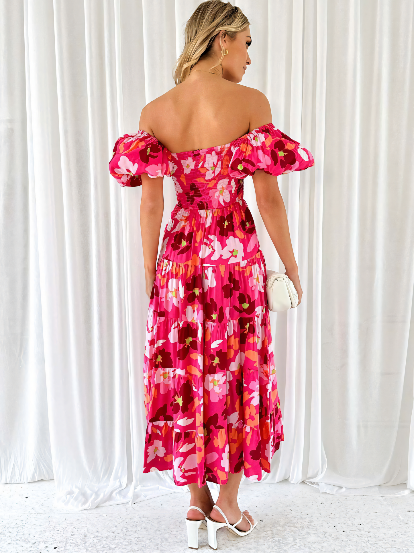 Rose Floral Printed Puffy Bubble Sleeve Midi Dress