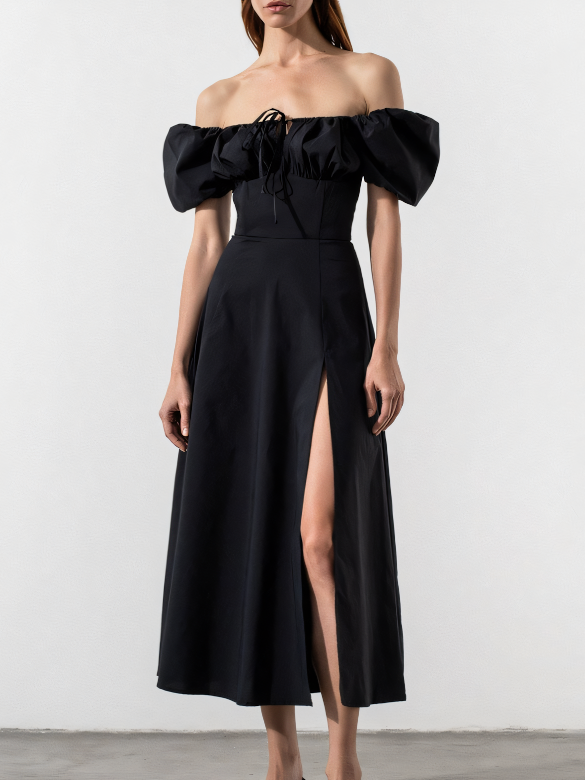 Puff Sleeve Slit Solid Color Midi Dress