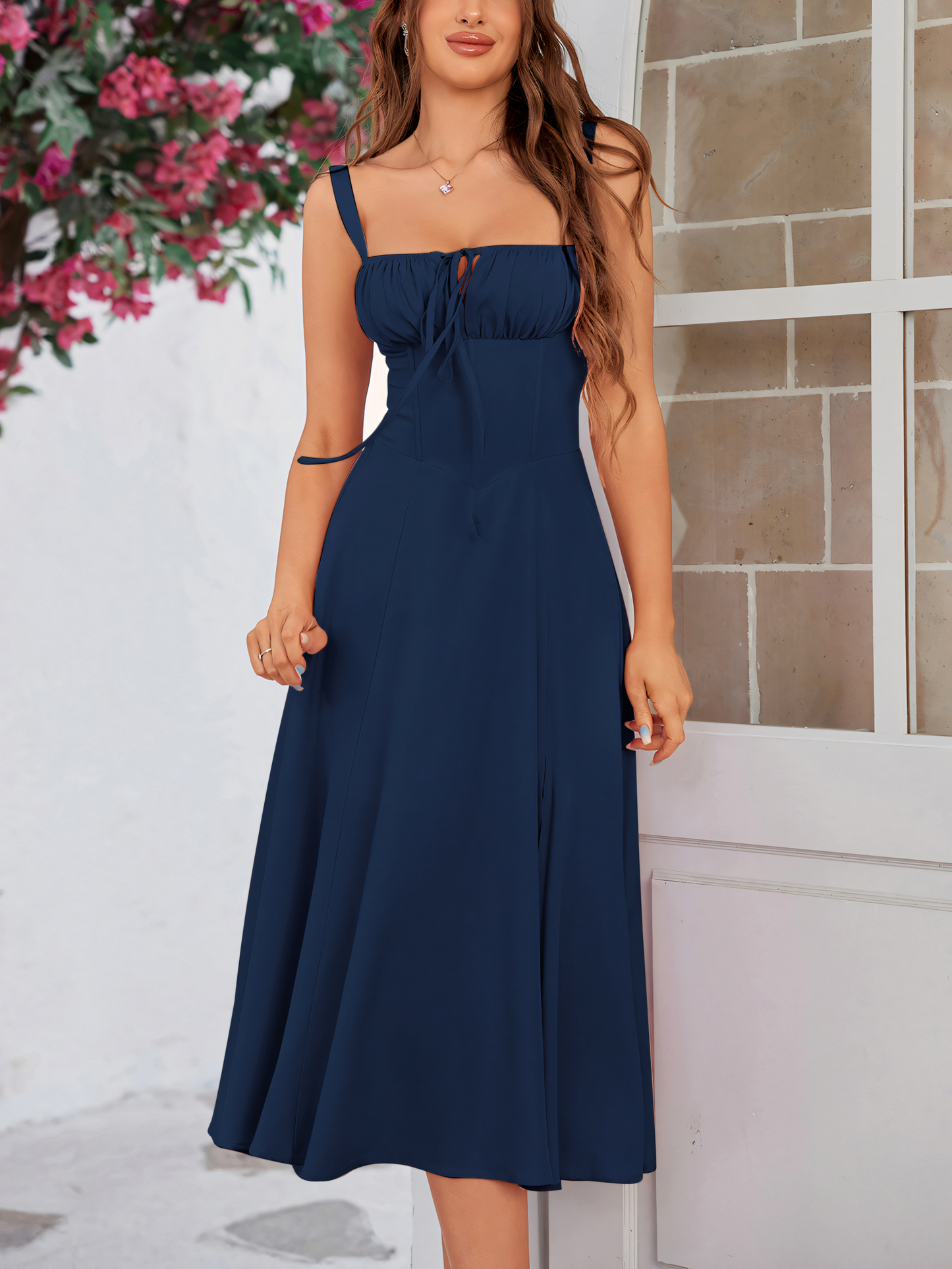 Waist Herringbone Shaped Slit Drawstring Tie Slip Midi Dress