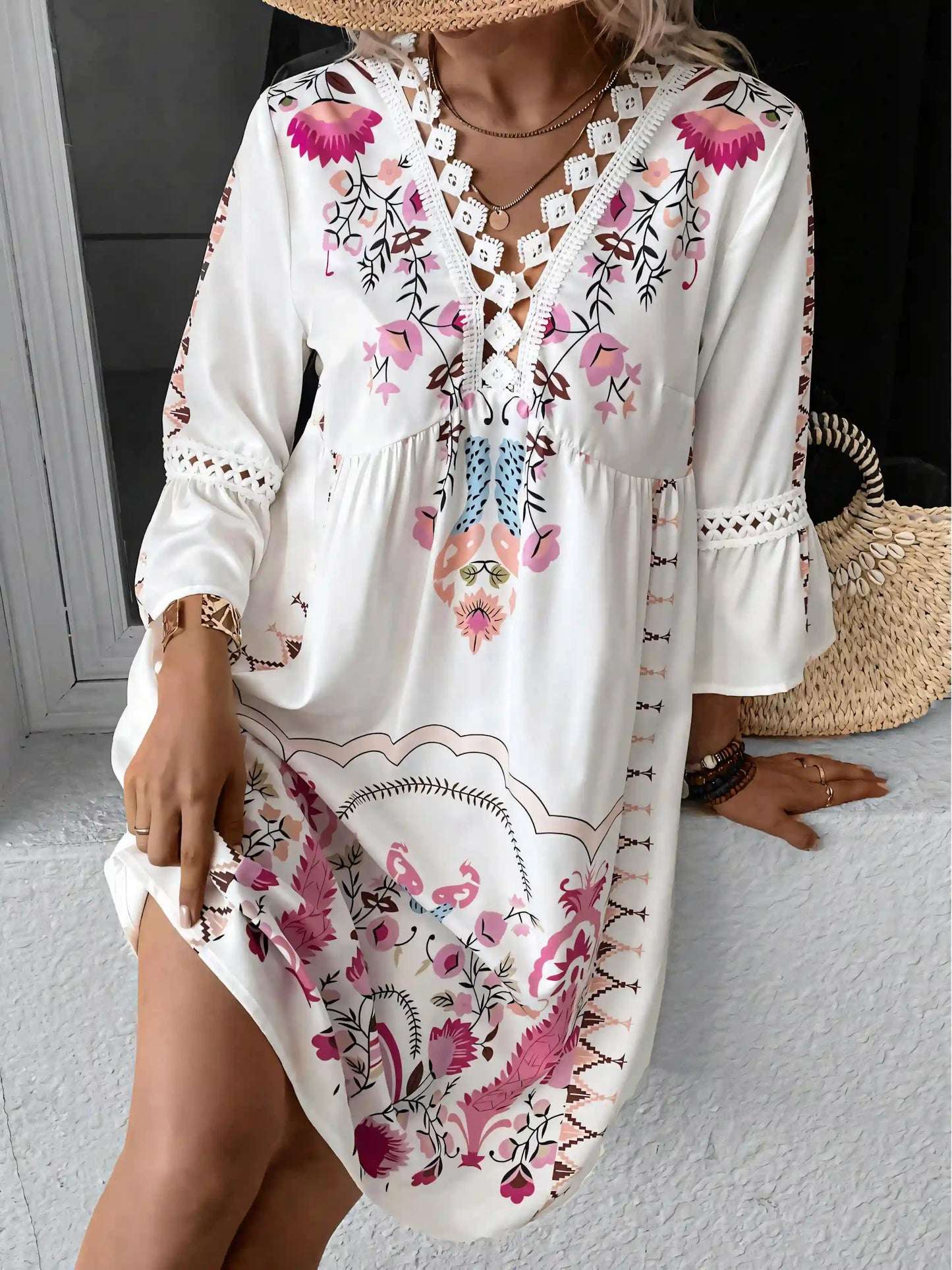 Bohemian Flared Sleeve Printed Midi Dress