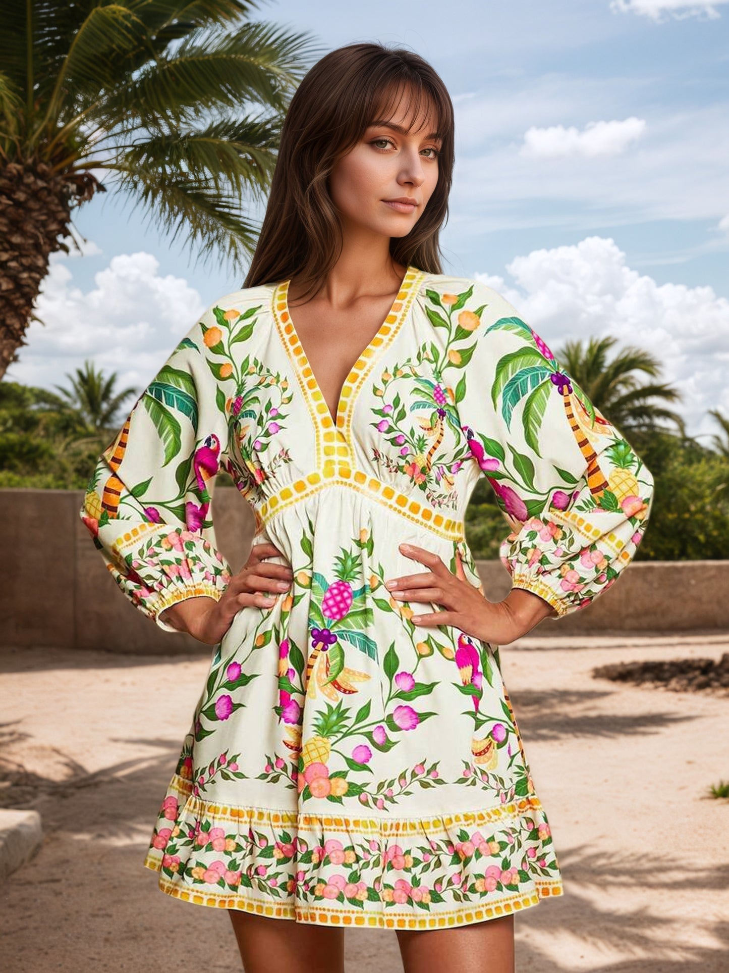 White V-Neck Bohemia Mini Dress