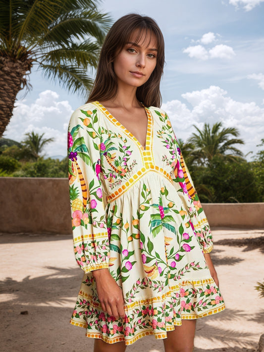 White V-Neck Bohemia Mini Dress