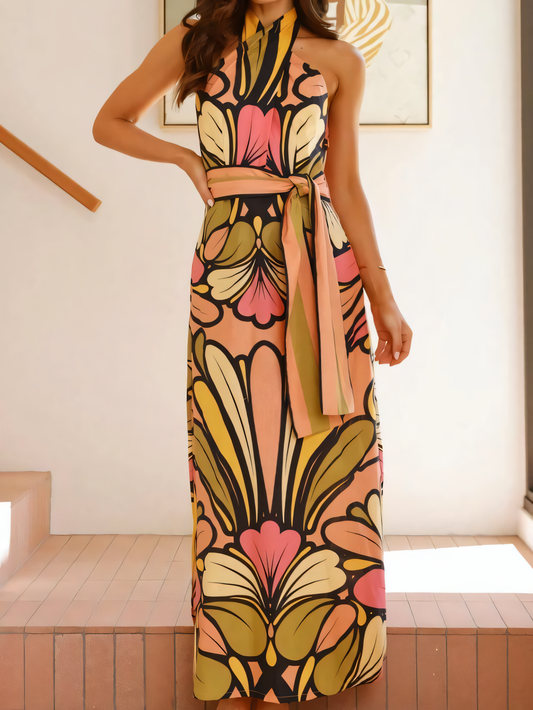 Printed Hanging Neck Tie Backless Maxi Dress