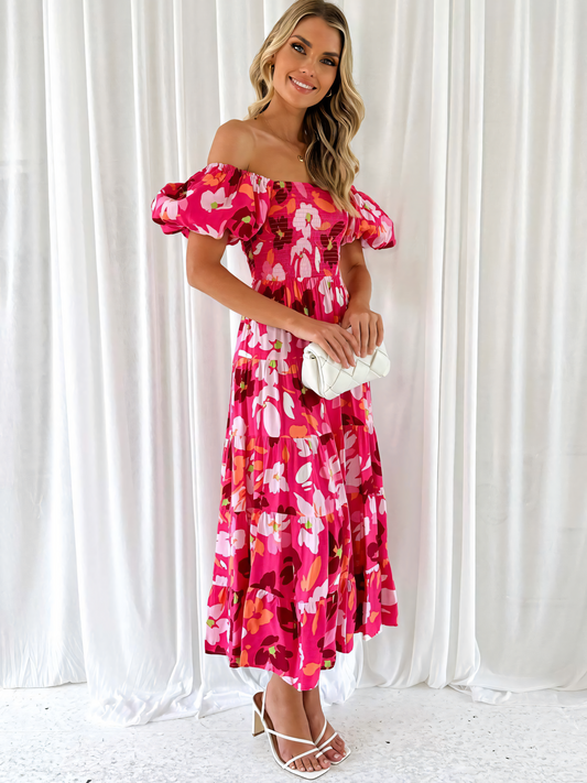 Rose Floral Printed Puffy Bubble Sleeve Midi Dress