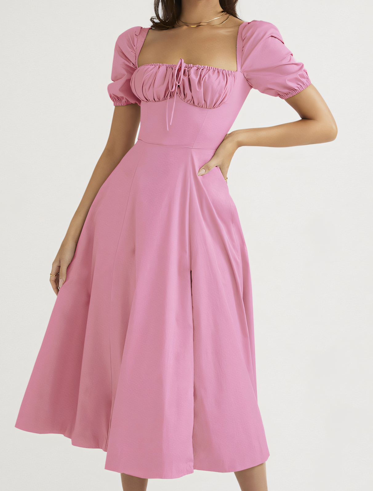 Puff Sleeve Slit Solid Color Midi Dress