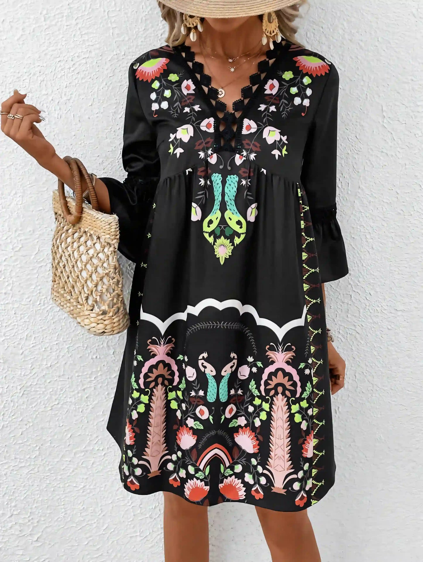 Bohemian Flared Sleeve Printed Midi Dress