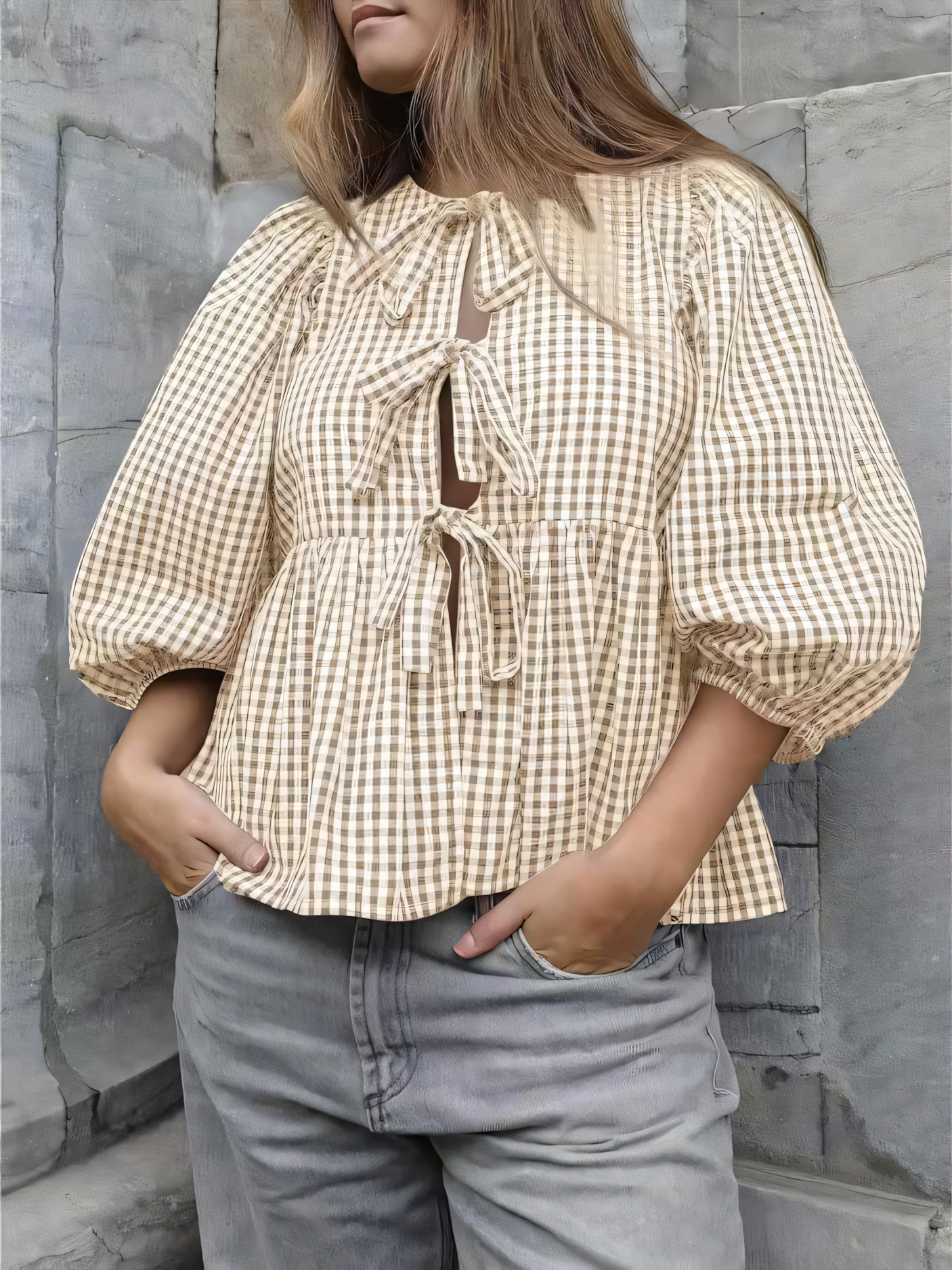 Sweet Casual Lace-Up Plaid Shirt