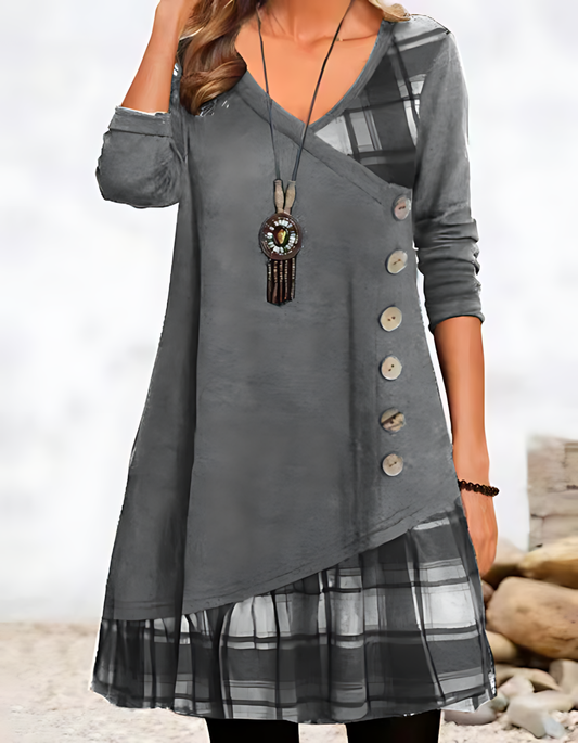 Casual Patchwork Button-up Long-sleeved Mini Dress