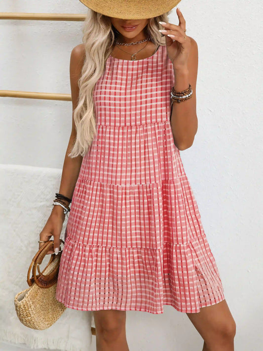 Red Plaid Casual Elegant Sleeveless Midi Dress