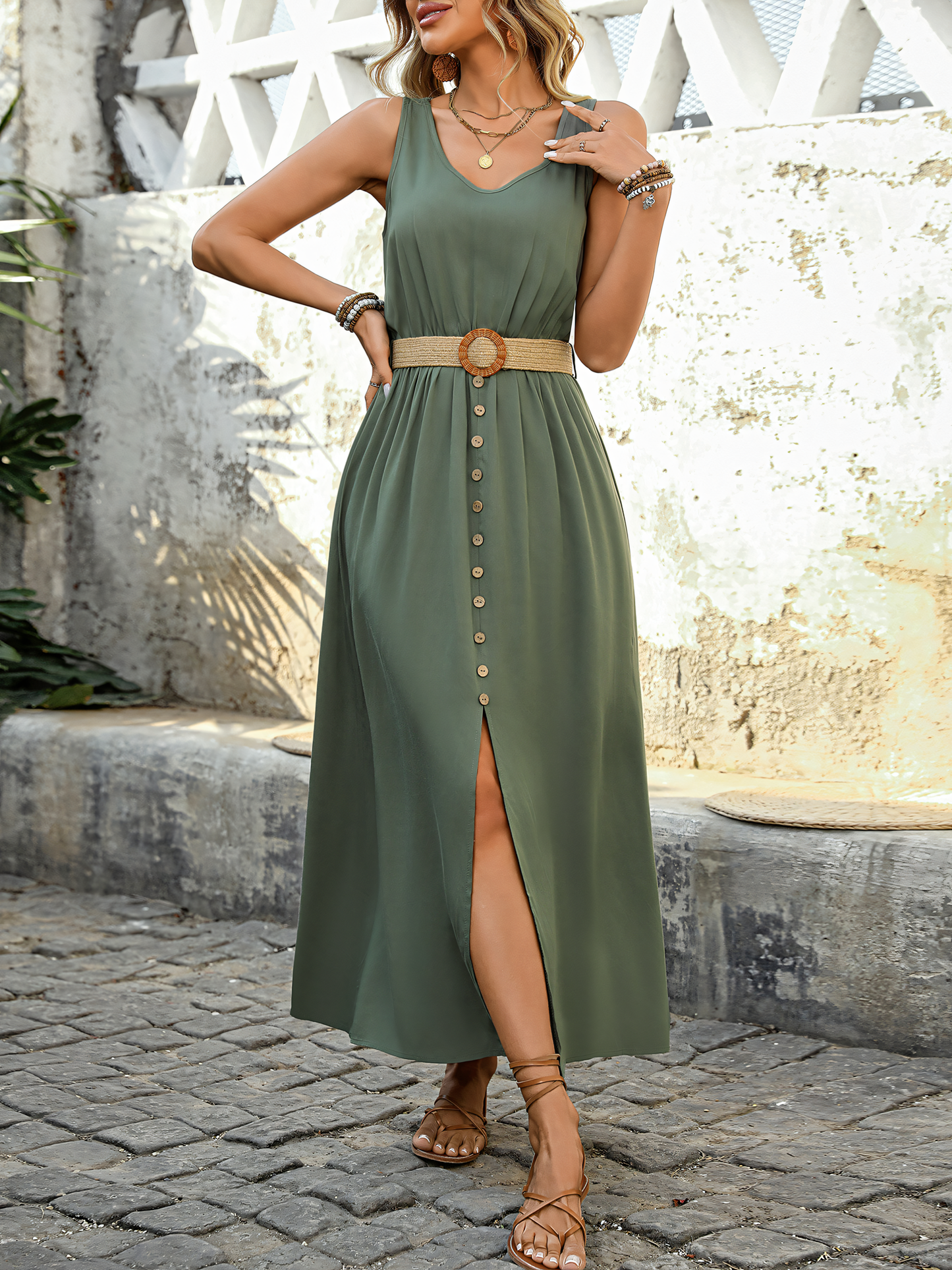 Slit Solid Sleeveless V-neck Maxi Dress