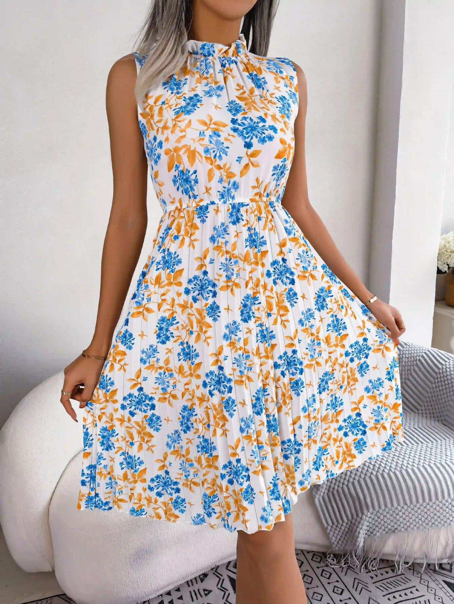 Rolled Floral Waisted Pleated Midi Dress