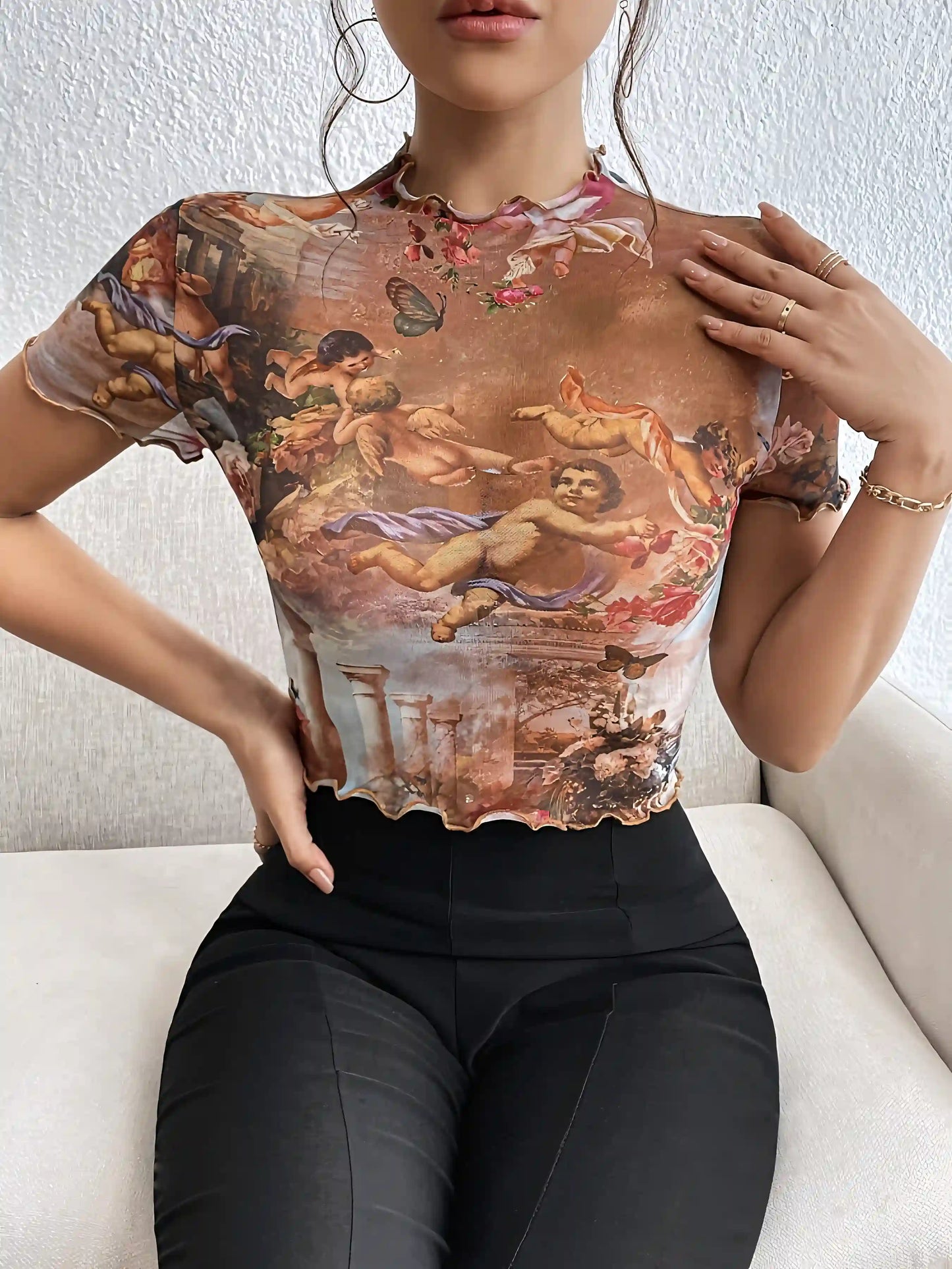 Caramel Elegant Mesh Printed Rolled T-Shirt