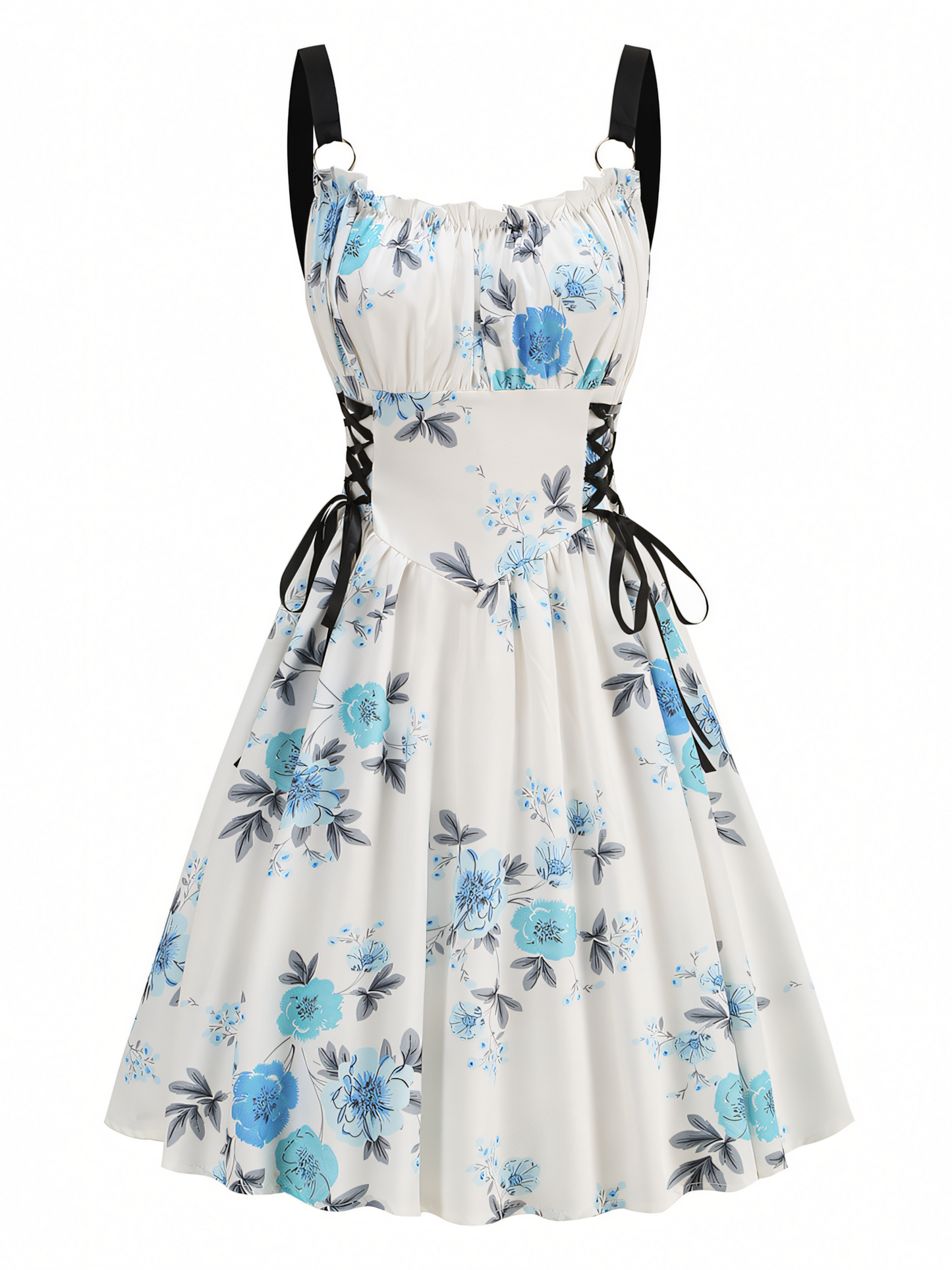 Blue Floral Print Slip Midi Dress