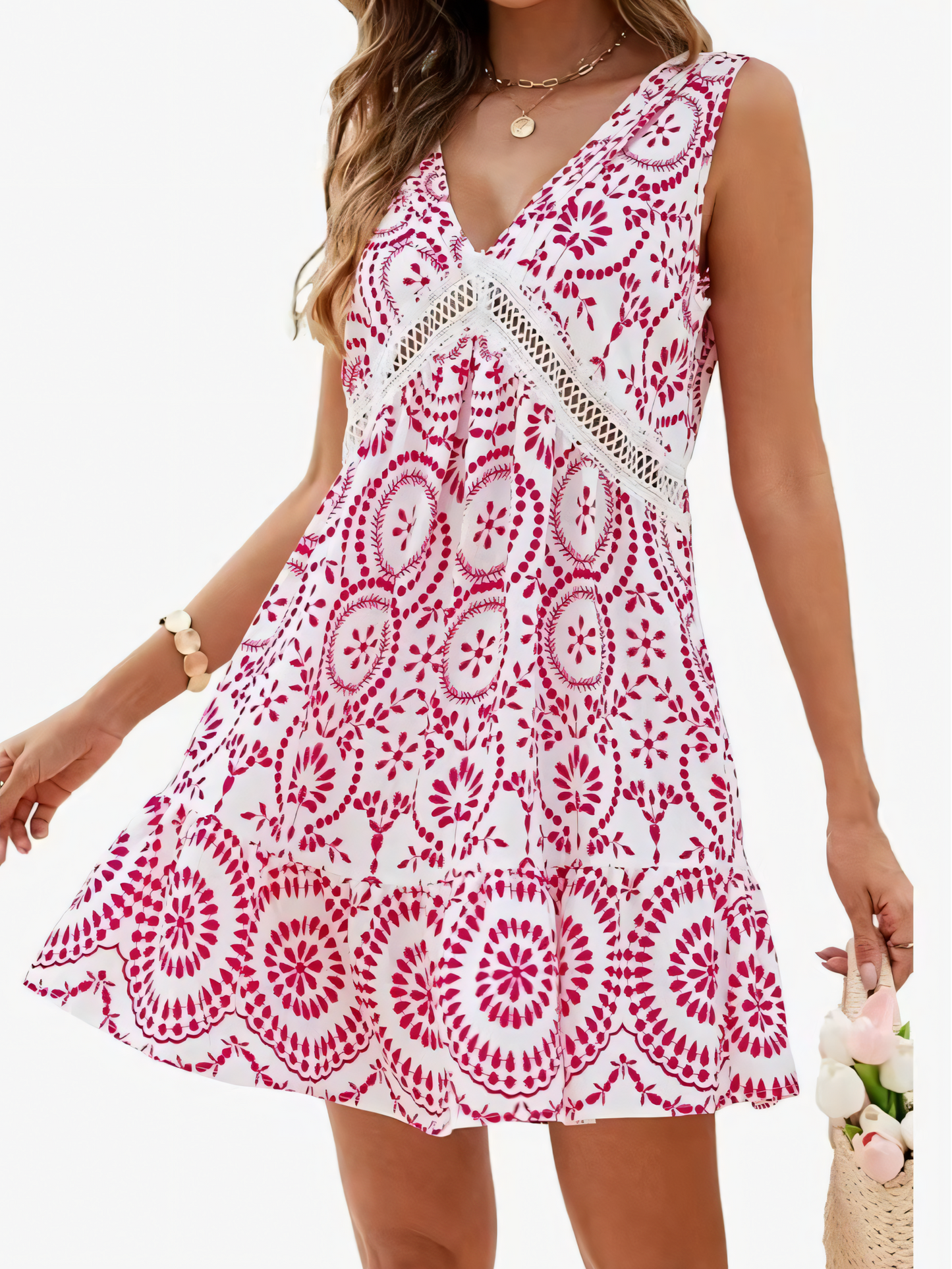 Printed Cutout Lace V-Neck Mini Dress