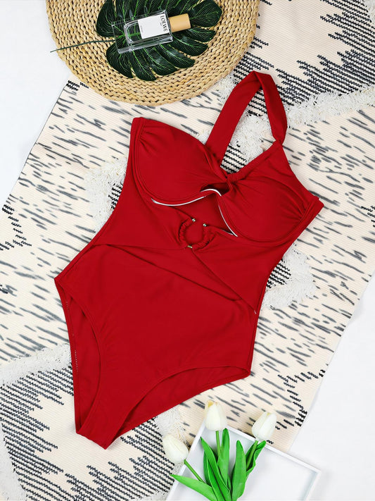 Solid Color Metal Buckle One-piece Swimsuit