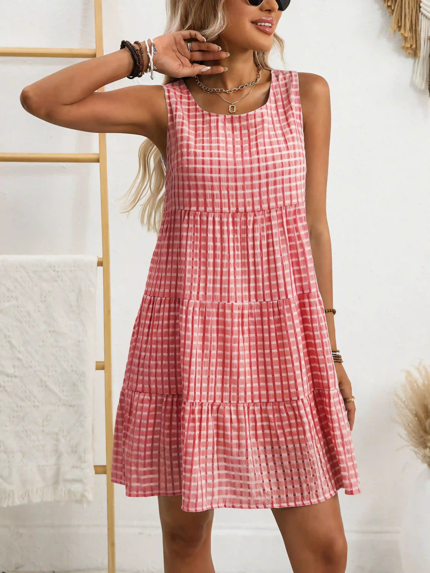 Red Plaid Casual Elegant Sleeveless Midi Dress