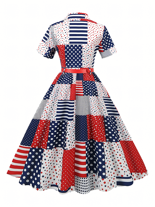 Independence Day White Blue Red Printed Vintage Midi Dress