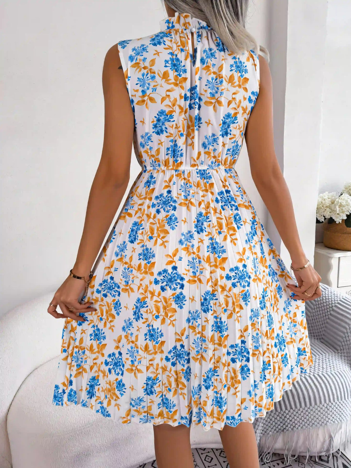 Rolled Floral Waisted Pleated Midi Dress