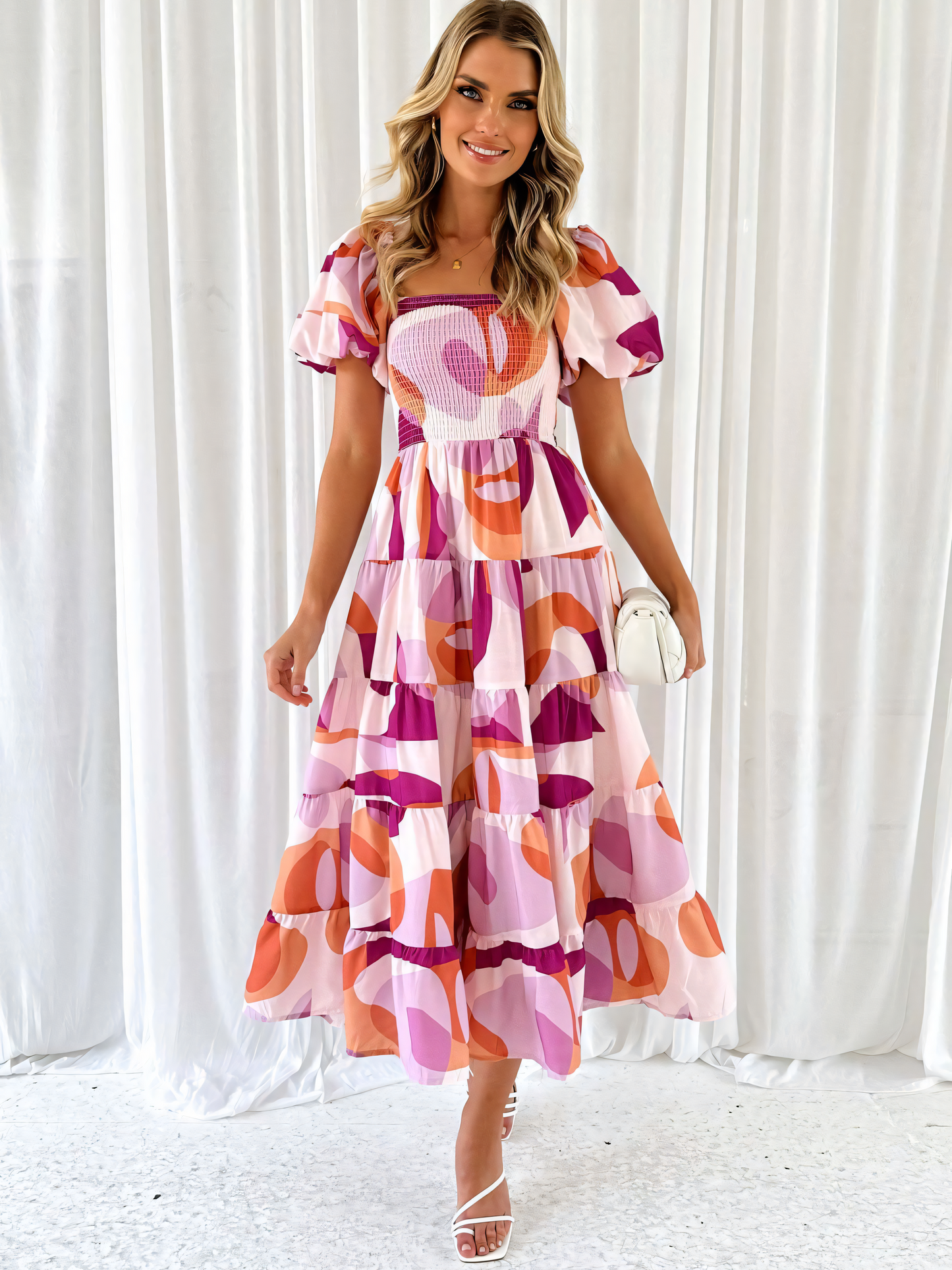 Pink Round Printed Puffy Bubble Sleeve Midi Dress