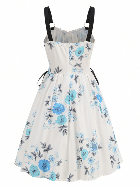 Blue Floral Print Slip Midi Dress