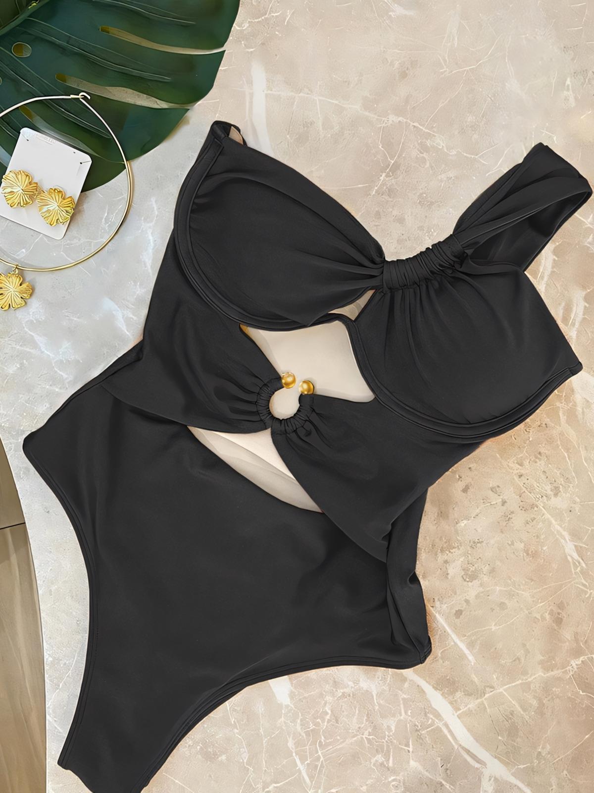 Solid Color Metal Buckle One-piece Swimsuit