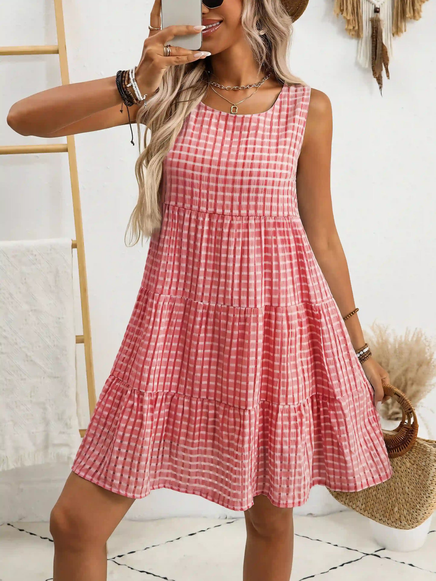 Red Plaid Casual Elegant Sleeveless Midi Dress