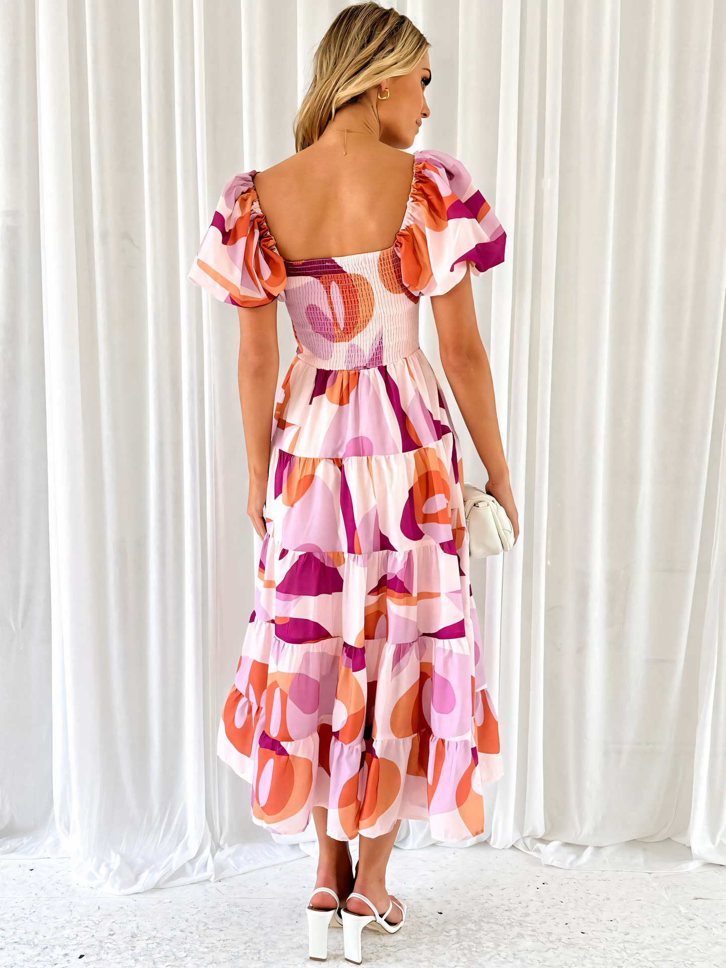 Pink Round Printed Puffy Bubble Sleeve Midi Dress